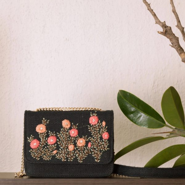 Pink Buttercups on Black Flap Bag