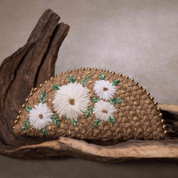 White Daisy Gold Half Moon Clutch Bag