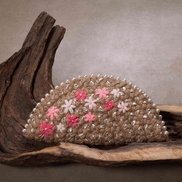 Pink Blossom Silver Half Moon Clutch Bag