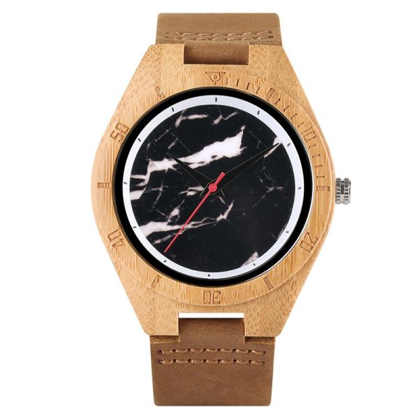 Leather belt, marble, bamboo and wood style vintage fashion watch