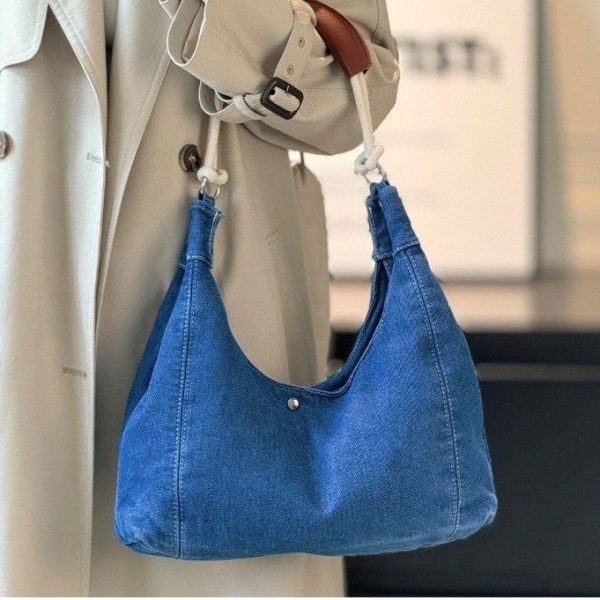 Women's denim tote bag with adjustable strap, washed denim crossbody bag, color-blocked shoulder bag