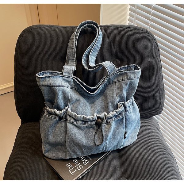 Retro Feng Shui Washed Denim Fabric Shoulder Bag Large Capacity Tote Bag