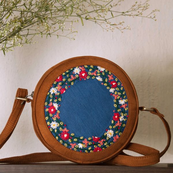 Tan Brown and Denim Floral Round Sling Bag