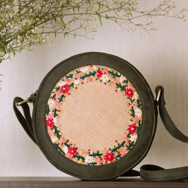 Olive and Jute Floral Round Sling Bag