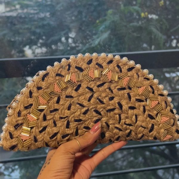 Black Half Moon Bugle Bead Clutch Bag