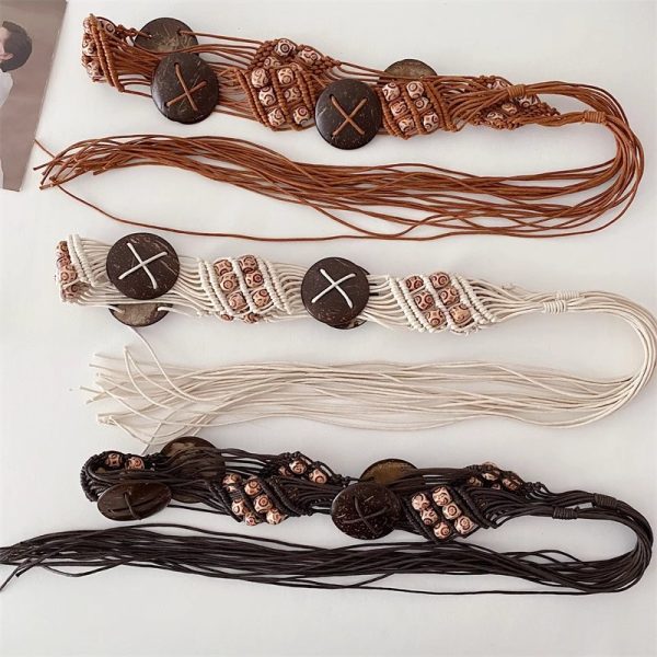 Retro trend wax rope woven leather belt with gemstones and coconut shell tassels for waistband