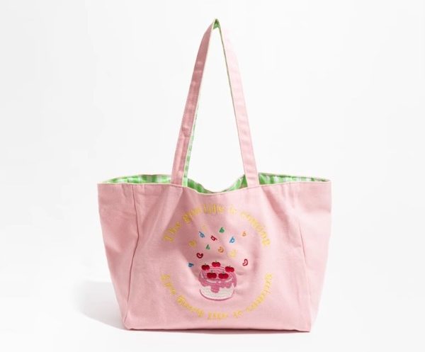 Cute double-sided embroidered canvas bag plaid Tote bag large capacity student shopping bag