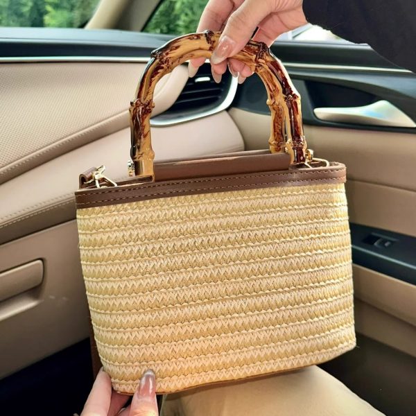 Summer niche high-grade texture woven bag female pastoral style bamboo knot straw woven small square bag commuting shoulder crossbody bag